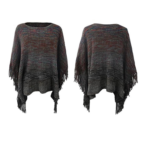 Women Wool Blend Round Neck Winter Multicolor Fringe Tassel Poncho