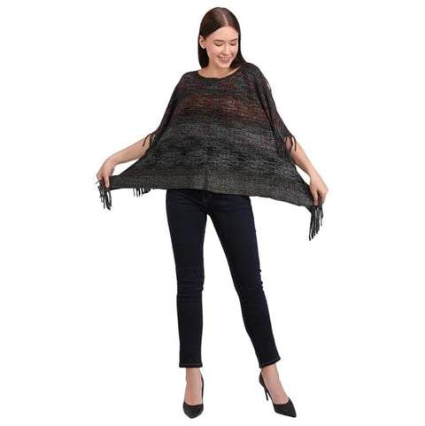 Women Wool Blend Round Neck Winter Multicolor Fringe Tassel Poncho