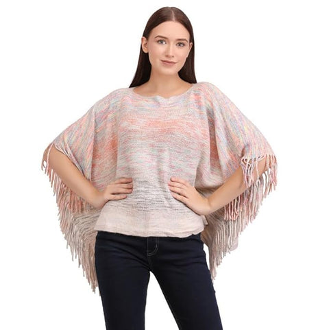 Women Wool Blend Round Neck Winter Multicolor Fringe Tassel Poncho