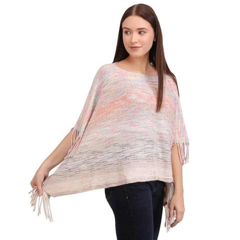Women Wool Blend Round Neck Winter Multicolor Fringe Tassel Poncho