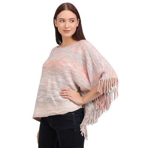 Women Wool Blend Round Neck Winter Multicolor Fringe Tassel Poncho