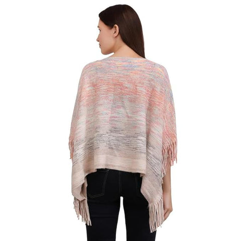Women Wool Blend Round Neck Winter Multicolor Fringe Tassel Poncho