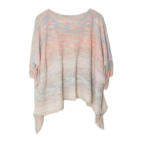 Women Wool Blend Round Neck Winter Multicolor Fringe Tassel Poncho