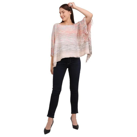 Women Wool Blend Round Neck Winter Multicolor Fringe Tassel Poncho