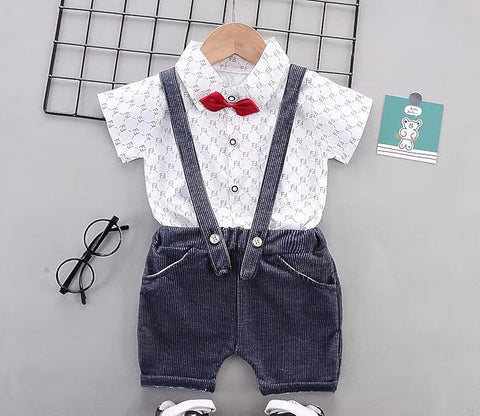 Half Sleeve All over Print Cotton Shirt with Dungaree Shorts & Bow