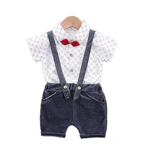 Half Sleeve All over Print Cotton Shirt with Dungaree Shorts & Bow