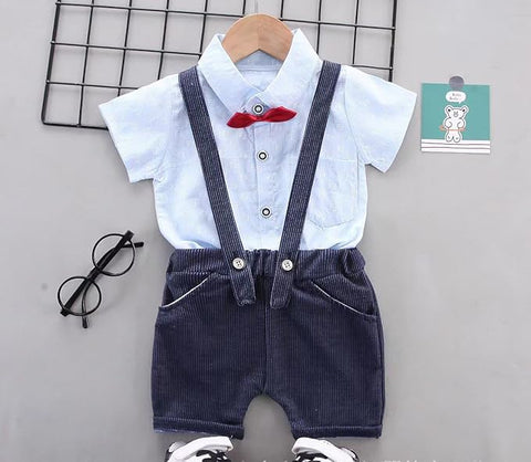 Half Sleeve All over Print Cotton Shirt with Dungaree Shorts & Bow