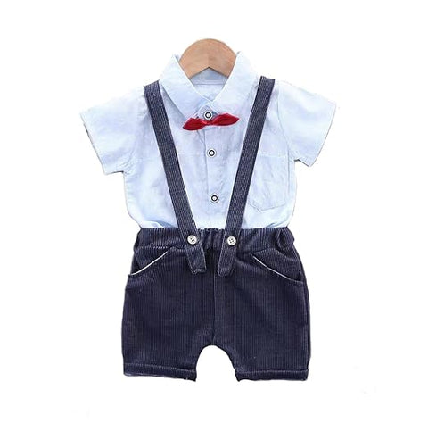 Half Sleeve All over Print Cotton Shirt with Dungaree Shorts & Bow