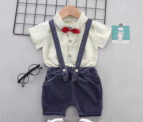 Half Sleeve All over Print Cotton Shirt with Dungaree Shorts & Bow