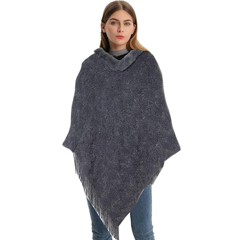 Women's Turtle Neck Warm Sequin Parka Mid-Thigh Cape Coat Wrap Winter Poncho