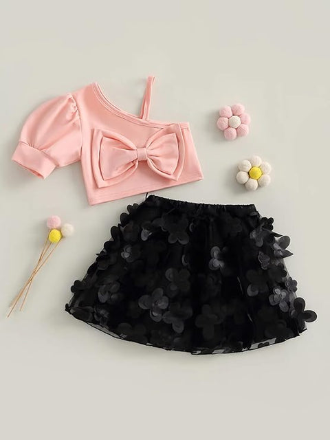 Girl's Party Crop Top and Black Floral Tutu Cinderella Skirt Midi Dress