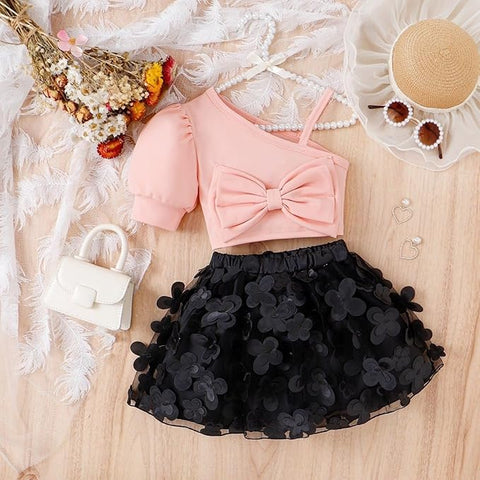 Girl's Party Crop Top and Black Floral Tutu Cinderella Skirt Midi Dress