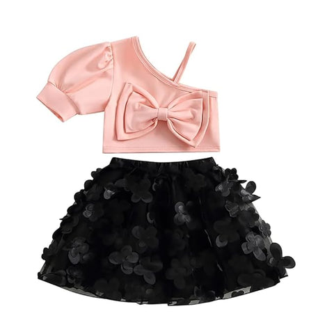 Girl's Party Crop Top and Black Floral Tutu Cinderella Skirt Midi Dress