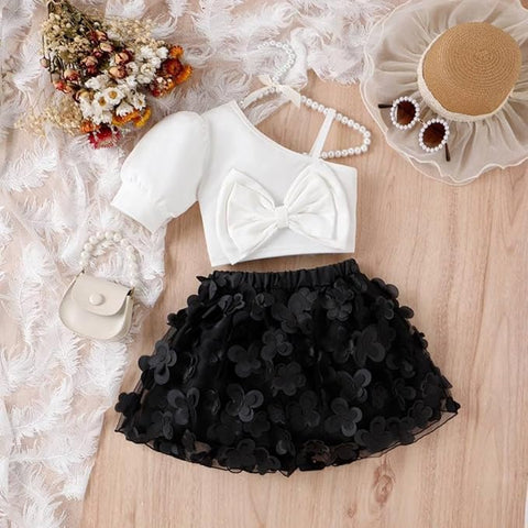 Girl's Party Crop Top and Black Floral Tutu Cinderella Skirt Midi Dress