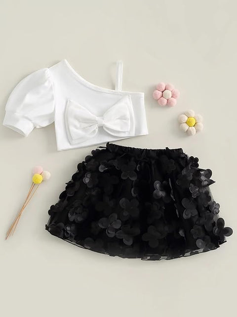 Girl's Party Crop Top and Black Floral Tutu Cinderella Skirt Midi Dress