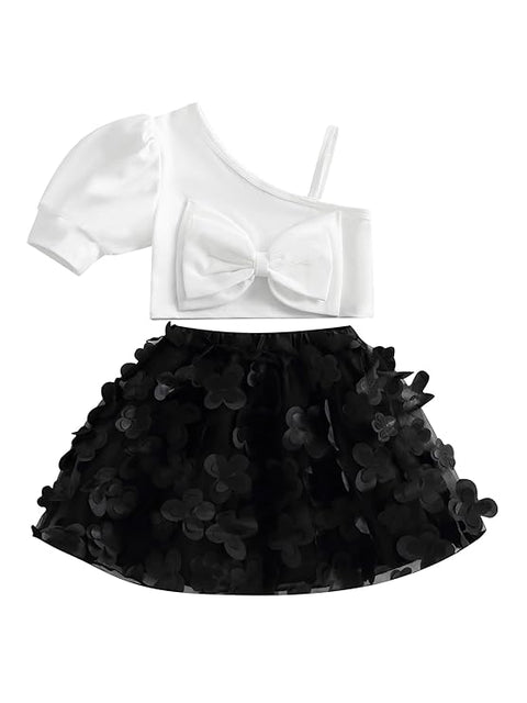 Girl's Party Crop Top and Black Floral Tutu Cinderella Skirt Midi Dress