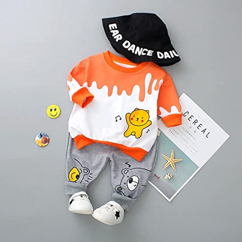 Kids Bear Print Full-sleeve T-shirt & Grey Pant Set