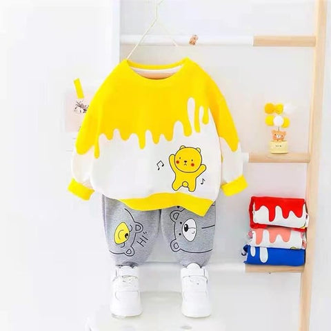 Kids Bear Print Full-sleeve T-shirt & Grey Pant Set