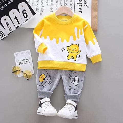 Kids Bear Print Full-sleeve T-shirt & Grey Pant Set