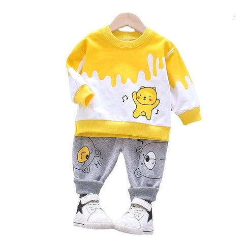 Kids Bear Print Full-sleeve T-shirt & Grey Pant Set