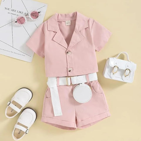 Girls Luxury Western Crop Top Shirt With Shorts Belt And Purse Party Co-ord Set