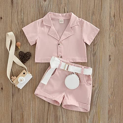 Girls Luxury Western Crop Top Shirt With Shorts Belt And Purse Party Co-ord Set