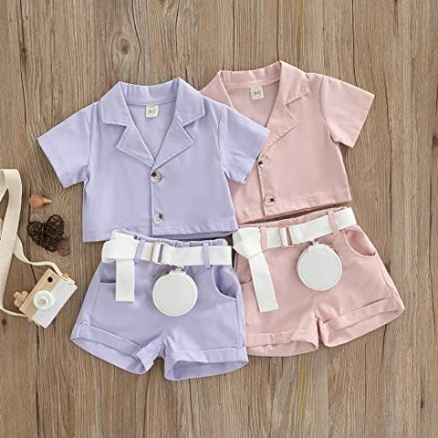 Girls Luxury Western Crop Top Shirt With Shorts Belt And Purse Party Co-ord Set