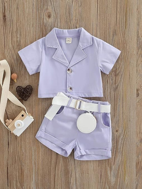 Girls Luxury Western Crop Top Shirt With Shorts Belt And Purse Party Co-ord Set