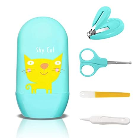 Baby Nail Care Kit with Cartoon Case with Scissors and Nail Clipper, Filer and Nose Tweezer (Sea Green)