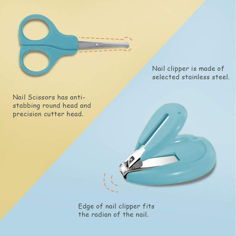 Baby Nail Care Kit with Cartoon Case with Scissors and Nail Clipper, Filer and Nose Tweezer (Blue)