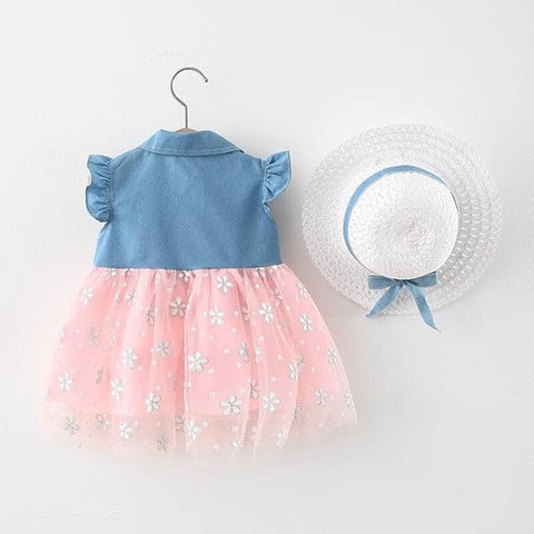 Girl's Cute Sleeveless Denim Tutu Princess Frock Dress With Hat