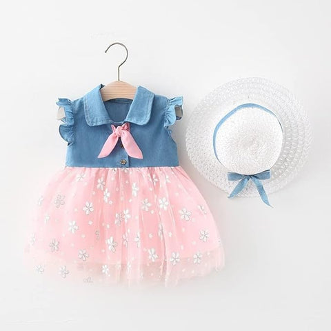 Girl's Cute Sleeveless Denim Tutu Princess Frock Dress With Hat