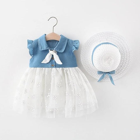 Girl's Cute Sleeveless Denim Tutu Princess Frock Dress With Hat