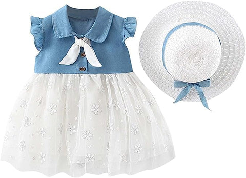 Girl's Cute Sleeveless Denim Tutu Princess Frock Dress With Hat