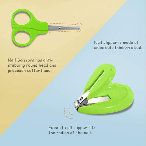 Baby Nail Care Kit with Cartoon Case with Scissors and Nail Clipper, Filer and Nose Tweezer (Lime Green)