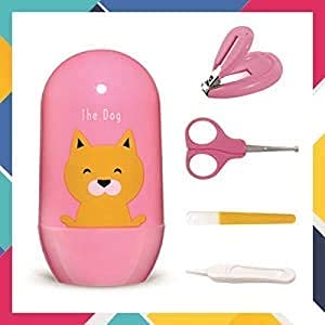 Baby Nail Care Kit with Cartoon Case with Scissors and Nail Clipper, Filer and Nose Tweezer (Pink)