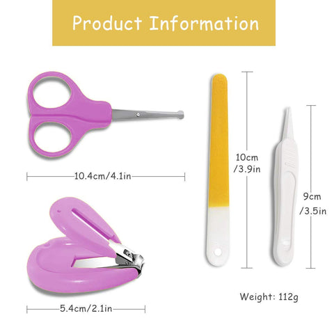 Baby Nail Care Kit with Cartoon Case with Scissors and Nail Clipper, Filer and Nose Tweezer (Purple)