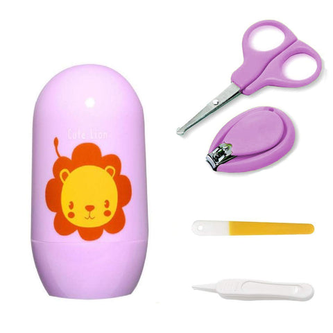 Baby Nail Care Kit with Cartoon Case with Scissors and Nail Clipper, Filer and Nose Tweezer (Purple)