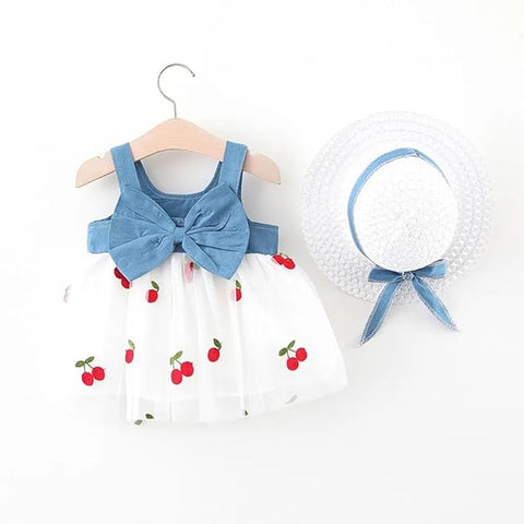 Girls Sleeveless Summer Cotton Net Berry Print Princess Frock Dress
