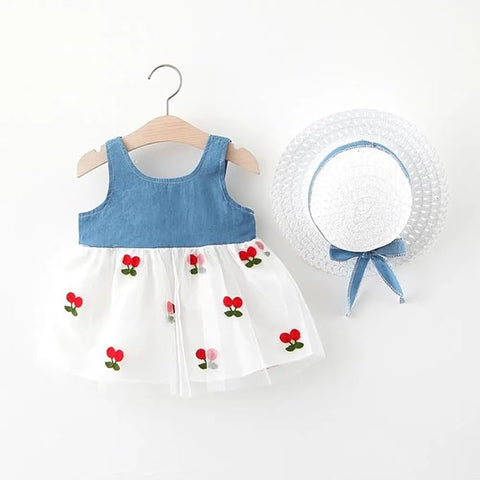 Girls Sleeveless Summer Cotton Net Berry Print Princess Frock Dress