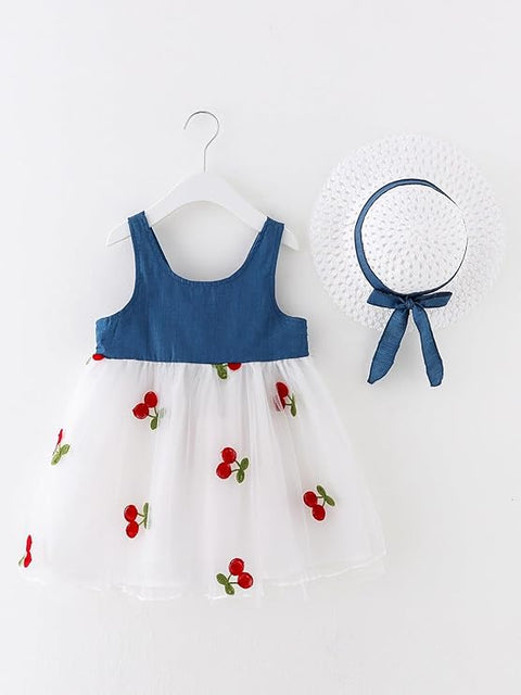 Girls Sleeveless Summer Cotton Net Berry Print Princess Frock Dress