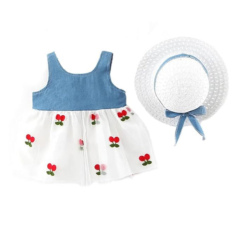 Girls Sleeveless Summer Cotton Net Berry Print Princess Frock Dress