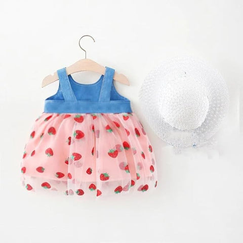 Girls Sleeveless Summer Cotton Net Berry Print Princess Frock Dress
