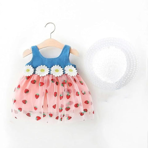 Girls Sleeveless Summer Cotton Net Berry Print Princess Frock Dress