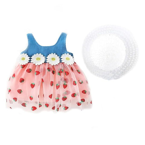 Girls Sleeveless Summer Cotton Net Berry Print Princess Frock Dress