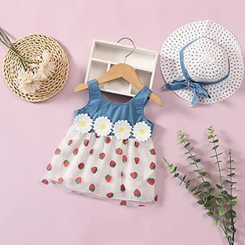 Girls Sleeveless Summer Cotton Net Berry Print Princess Frock Dress