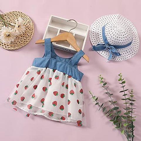 Girls Sleeveless Summer Cotton Net Berry Print Princess Frock Dress