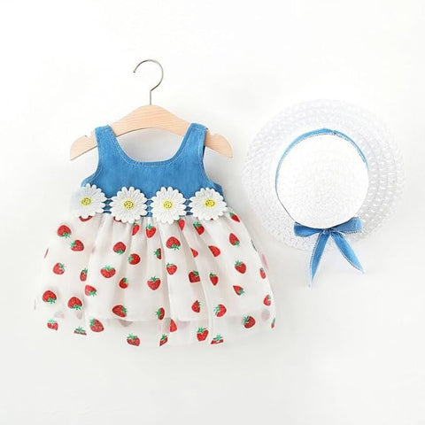 Girls Sleeveless Summer Cotton Net Berry Print Princess Frock Dress