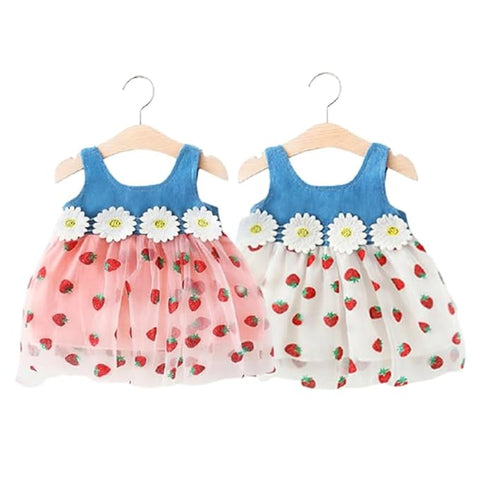 Girls Sleeveless Summer Cotton Net Berry Print Princess Frock Dress