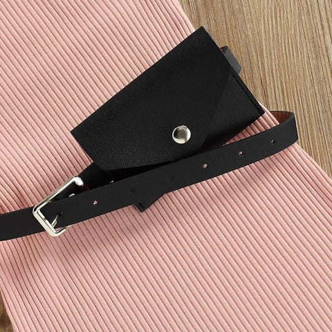 Girl’s Sleeveless Ribbed Stylish Monochrome Party Dress Frock Tunic with PU Leather Belt and Wallet